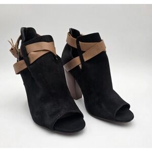 JustFab Denene Black Faux Suede Peep Toe Ankle Boots Tan Straps Size 9